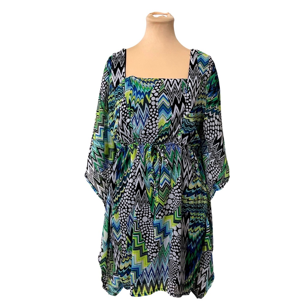 Urban Mango Geometric Chevron Kaftan Dress Large Blue Green Boho Psychedelic‎